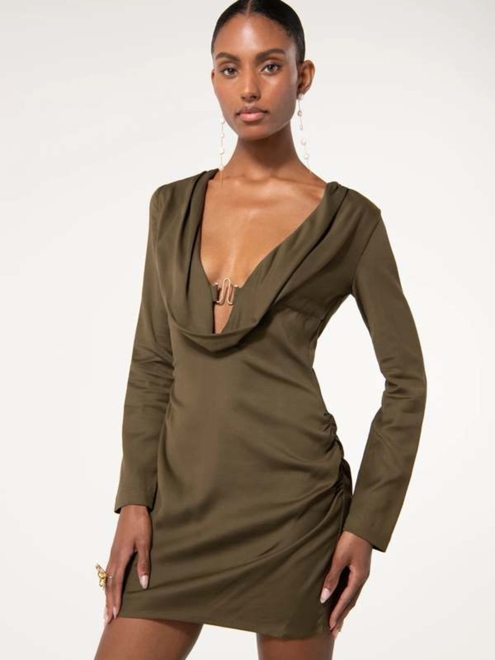 Cult Gaia Miley Dress - Olive Green Cowl-Neck Long Sleeve Mini Dress